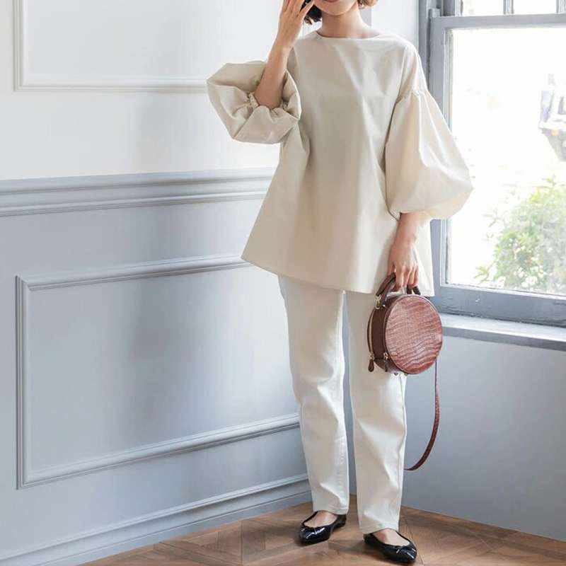 40代ファッション レディース エレガントパフスリーブセットアップ