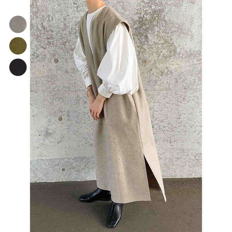 40代ファッション レディース レイヤード風ベスト付きロングワンピース