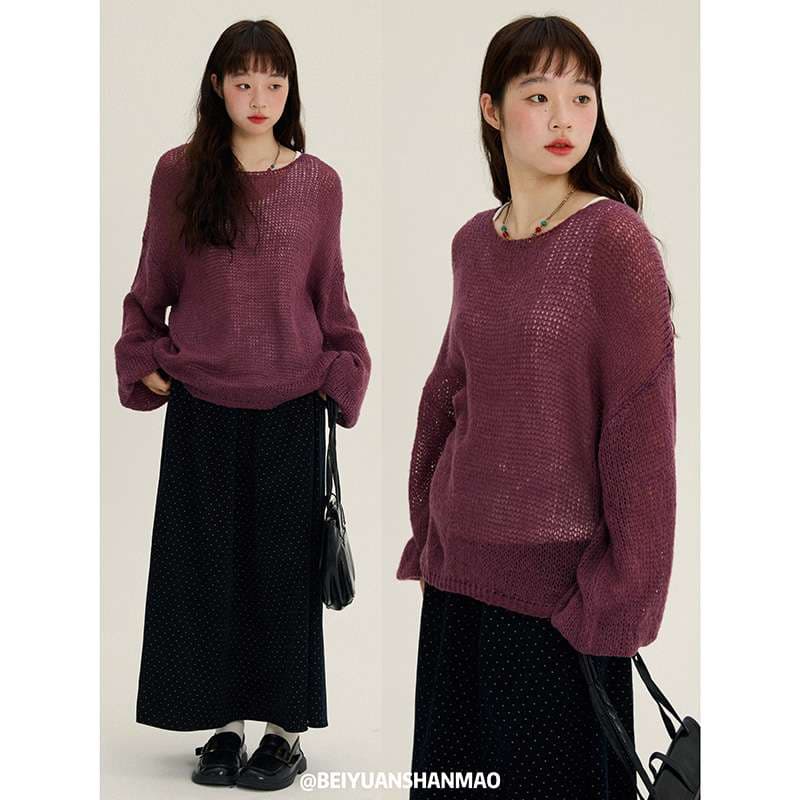 40代ファッション レディース ゆったりシルエットの透かし編みニット