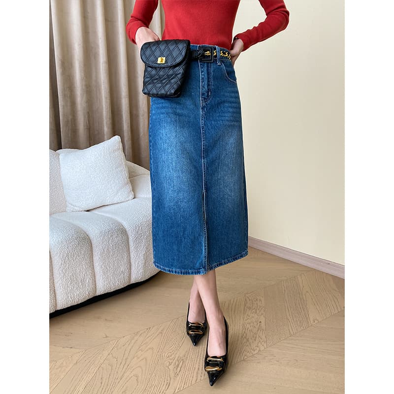 40代レディースファッション フロントスリット入りデニムミモレスカート
