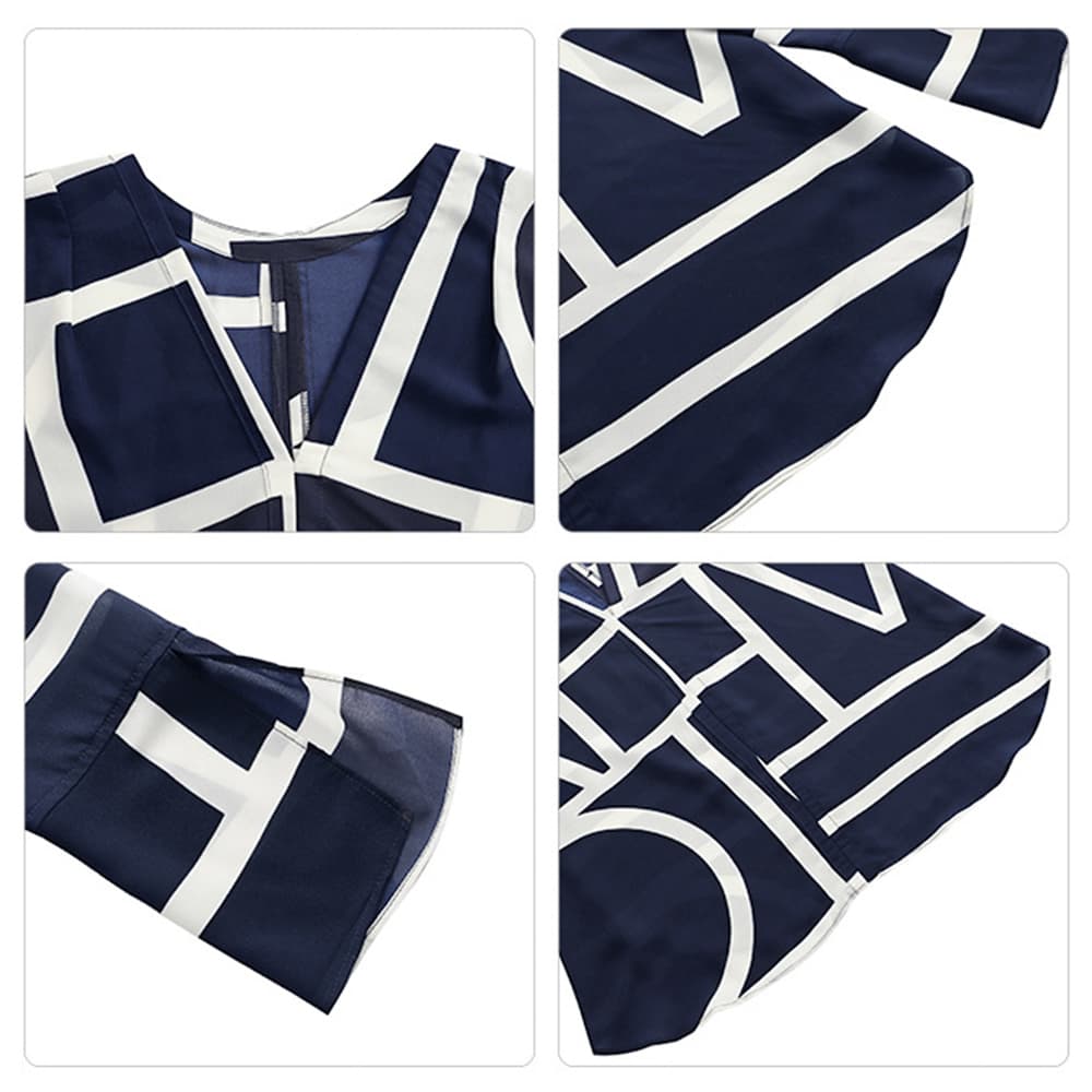 40代ファッション 幾何学柄ブイネックブラウス長袖レディース大人上品