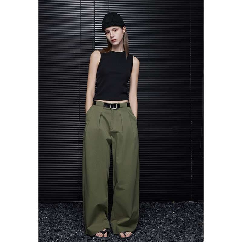 40代ファッション レディース ワイドシルエット ミリタリーグリーン パンツ