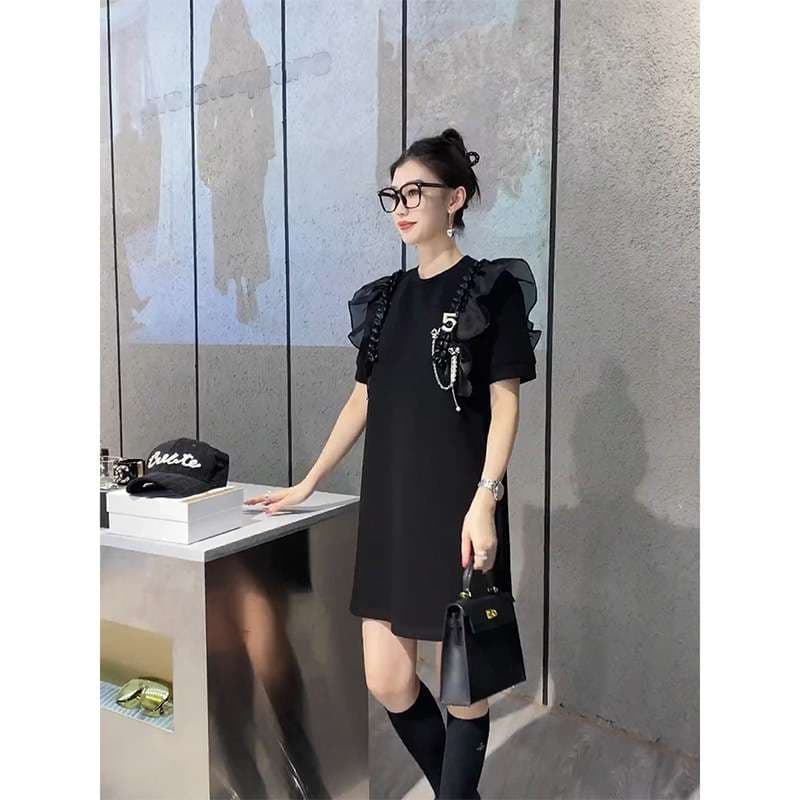 40代ファッション レディース パフスリーブ装飾付きミニワンピース