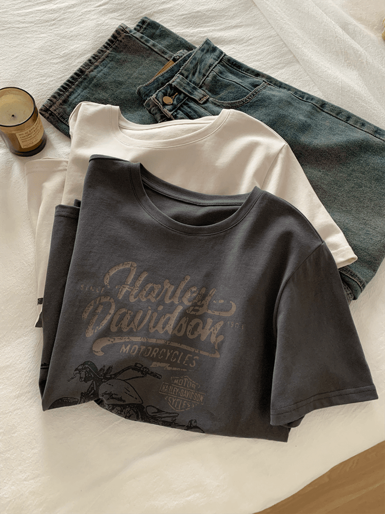40代ファッション レディース ヴィンテージ風ハーレーダビッドソンTシャツ
