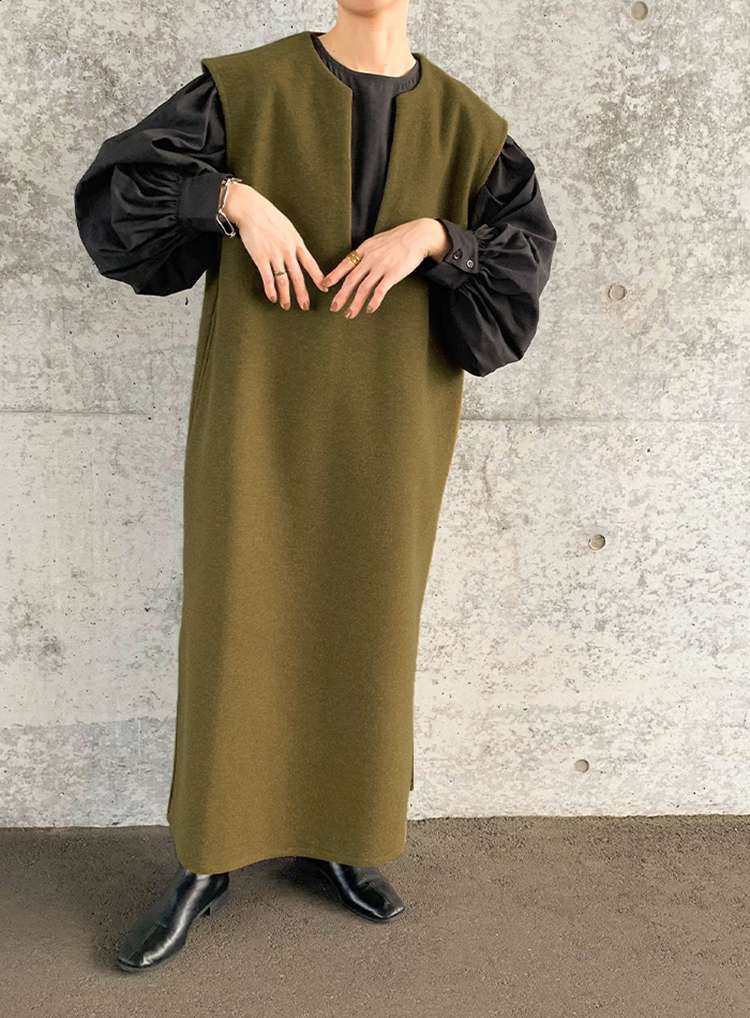 40代ファッション レディース レイヤード風ベスト付きロングワンピース