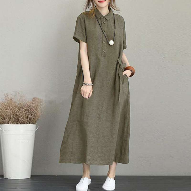 40代ファッション レディース リネン風ゆったりシャツワンピース