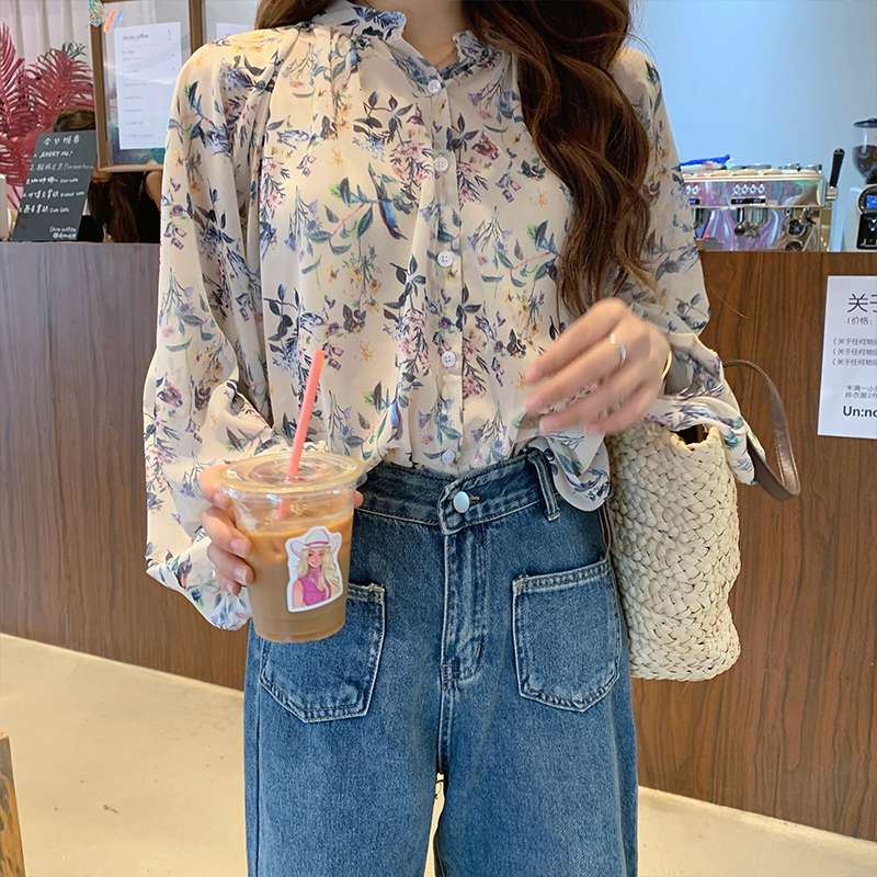 40代ファッション レディース 花柄フリルブラウス 七分袖シャーリング