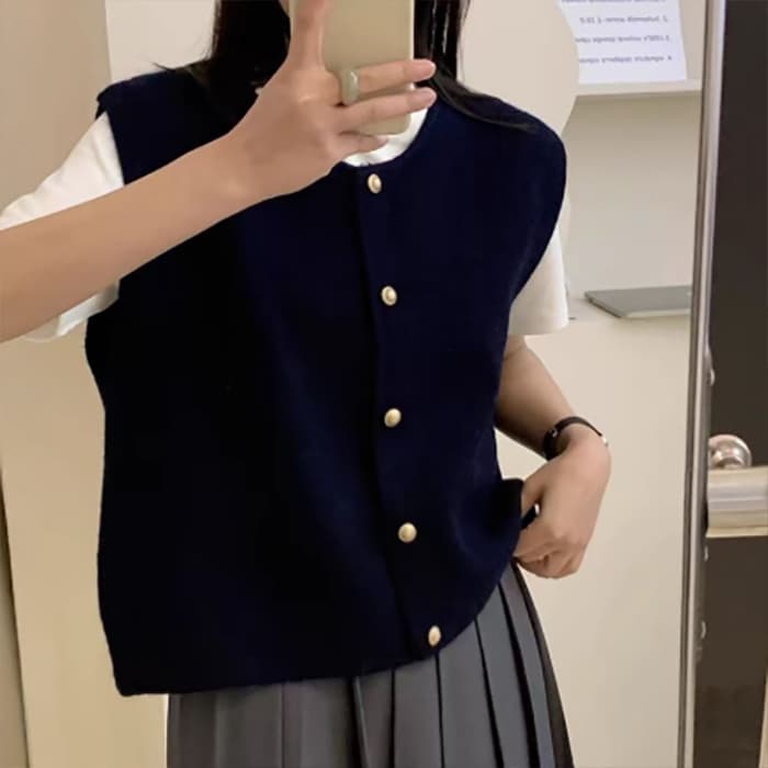 40代ファッション 秋冬新作ニットベスト丸首ボタン重ね着体型カバー