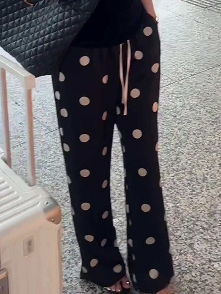 40代ファッション レディース 大人可愛いドット柄ワイドパンツ