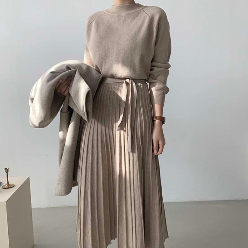 40代ファッション レディース プリーツスカート付き長袖ニットワンピース