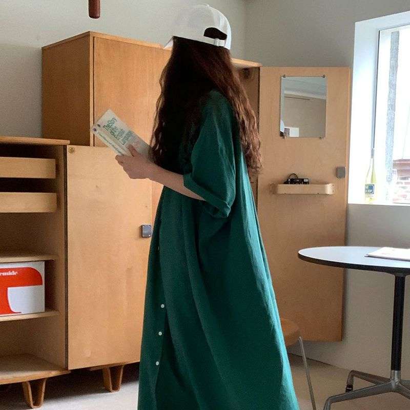 40代ファッション レディース 大人カジュアル グリーンシャツワンピース