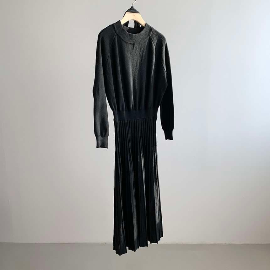 40代ファッション レディース プリーツスカート付き長袖ニットワンピース
