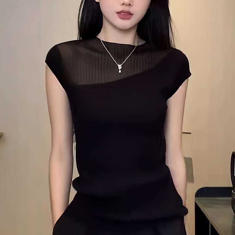 40代ファッション レディース エレガント シースルー切替 半袖カットソー