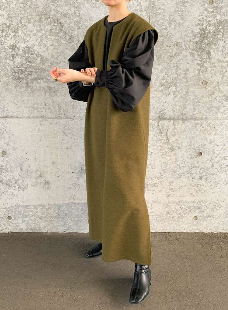 40代ファッション レディース レイヤード風ベスト付きロングワンピース