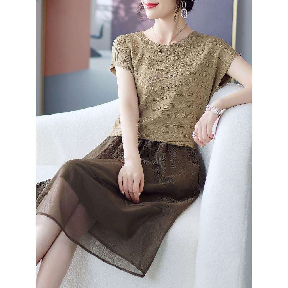 40代ファッション レディース エレガントな半透明スカート付きニットワンピース