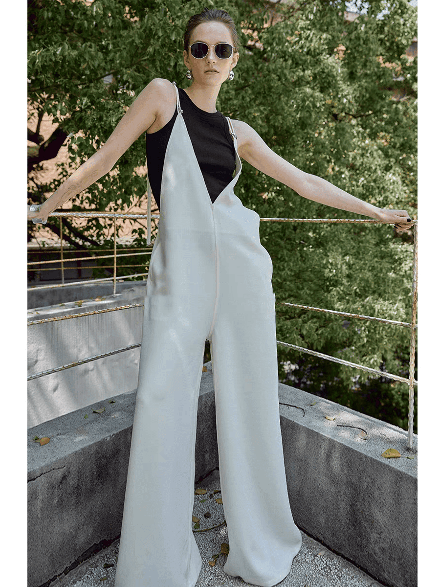 40代ファッション レディース 大人のVネックワイドサロペット