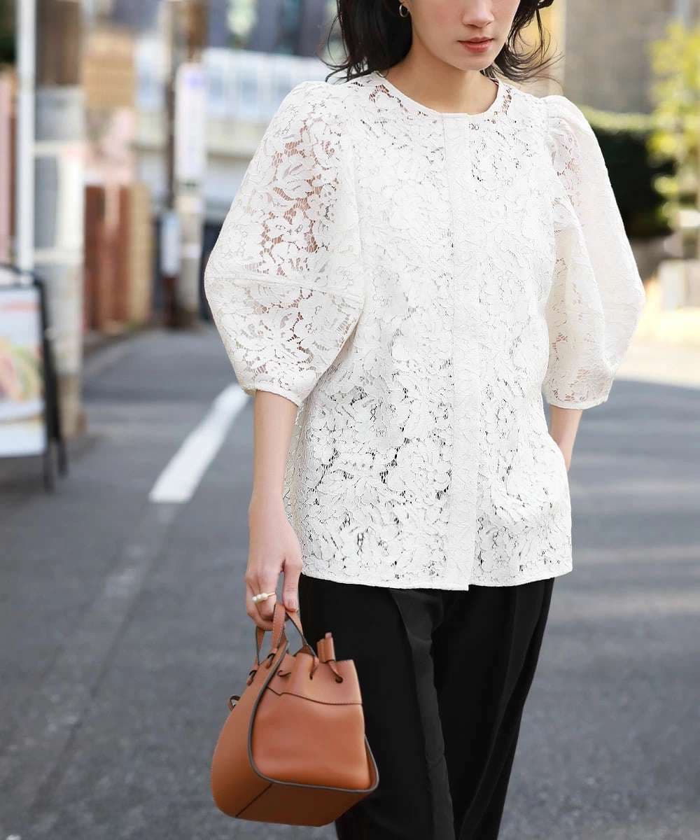 40代ファッション レディース レース編みパフスリーブジャケット