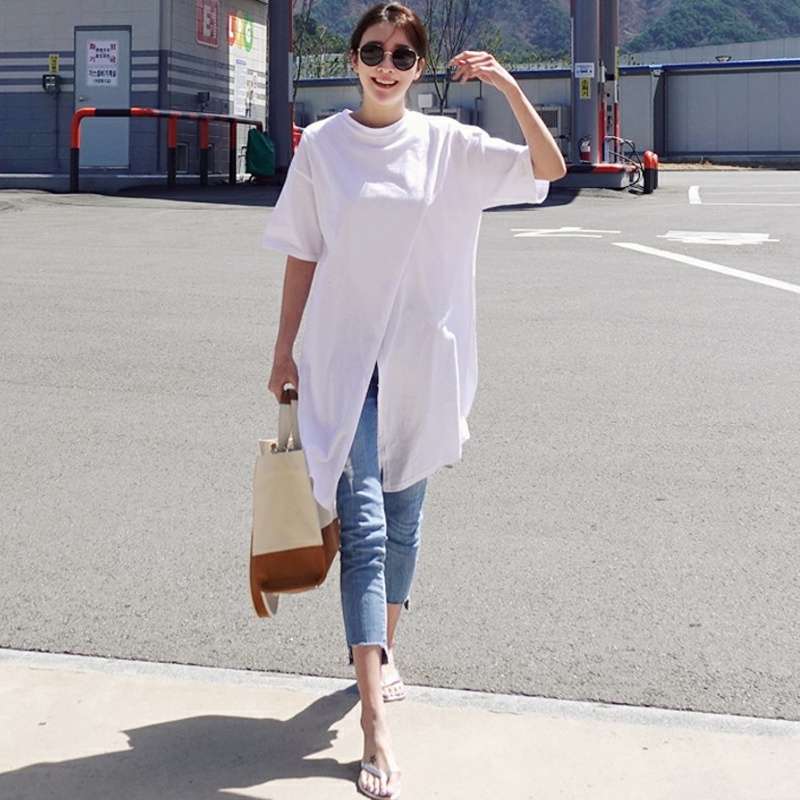 40代ファッション レディース オーバーサイズ ロングTシャツワンピース スリット入りTシャツ