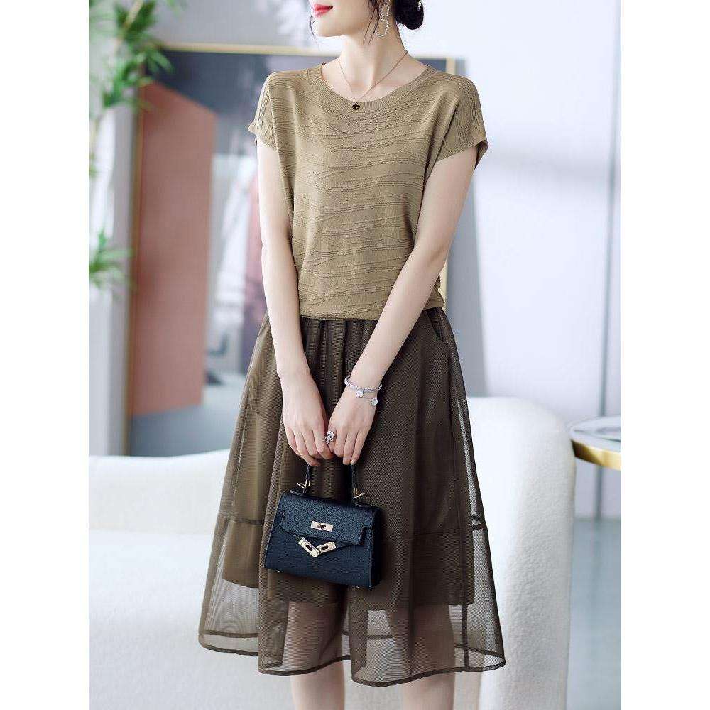 40代ファッション レディース エレガントな半透明スカート付きニットワンピース