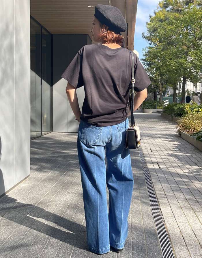 40代ファッション レディース 大人のセンタープレスワイドデニム