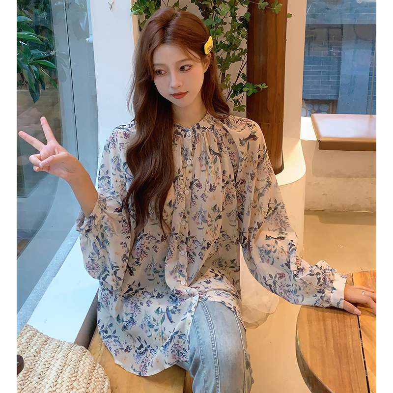 40代ファッション レディース 花柄フリルブラウス 七分袖シャーリング