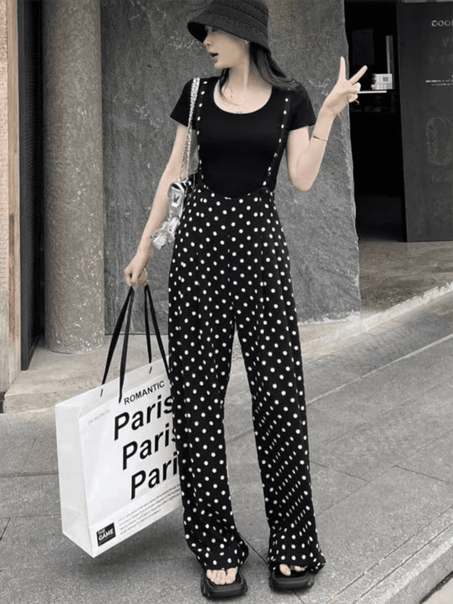 40代ファッション レディース 大人可愛いドット柄サロペット