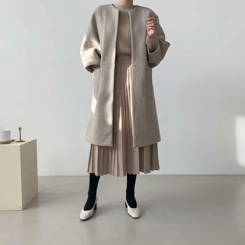 40代ファッション レディース プリーツスカート付き長袖ニットワンピース