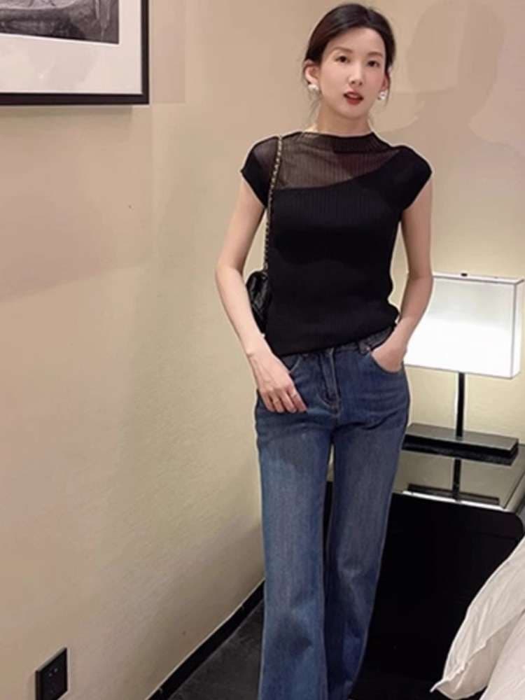 40代ファッション レディース 透け感シースルー切替えカットソー