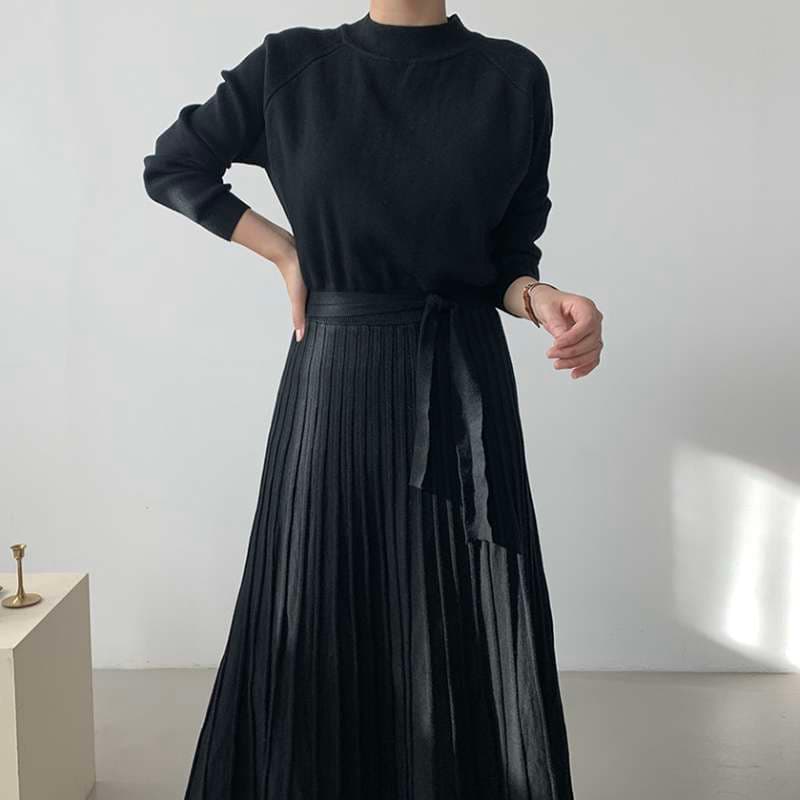 40代ファッション レディース プリーツスカート付き長袖ニットワンピース