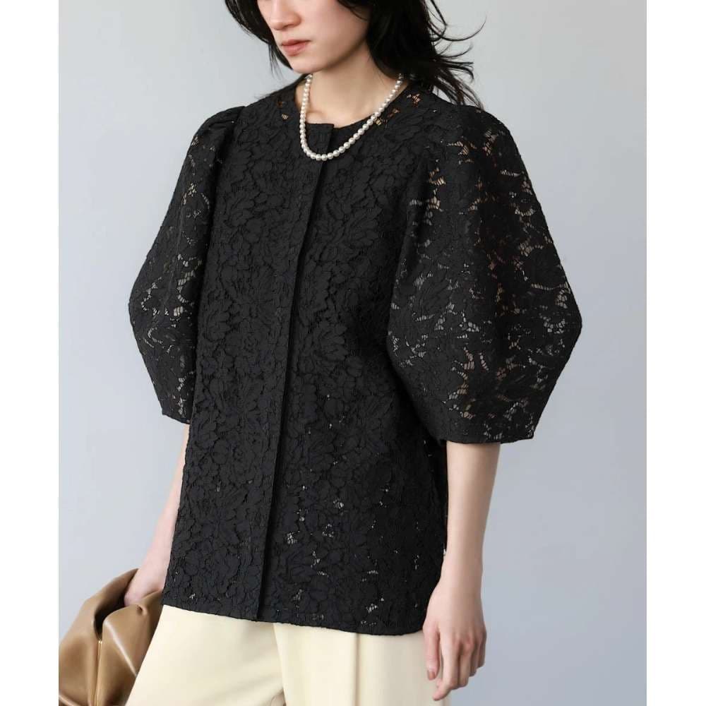 40代ファッション レディース レース編みパフスリーブジャケット