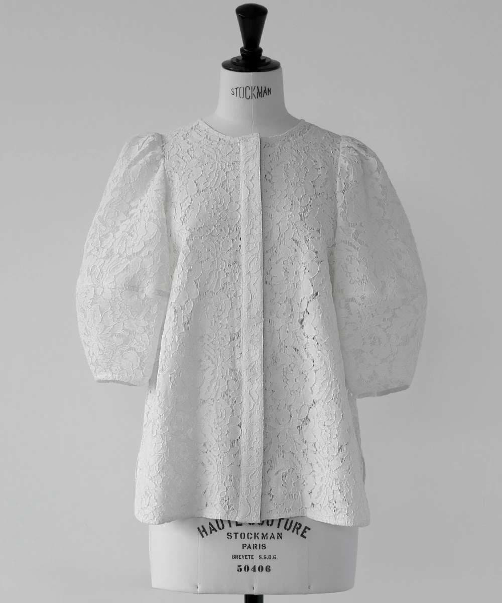 40代ファッション レディース レース編みパフスリーブジャケット
