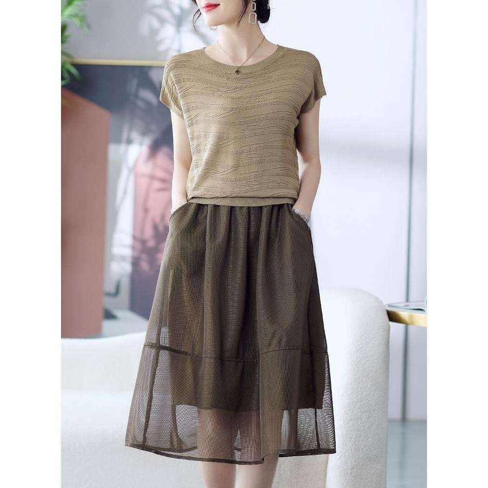 40代ファッション レディース エレガントな半透明スカート付きニットワンピース