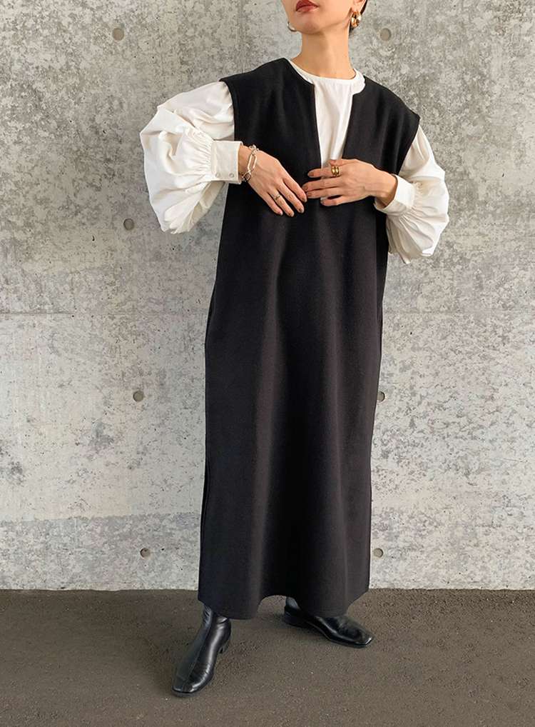 40代ファッション レディース レイヤード風ベスト付きロングワンピース