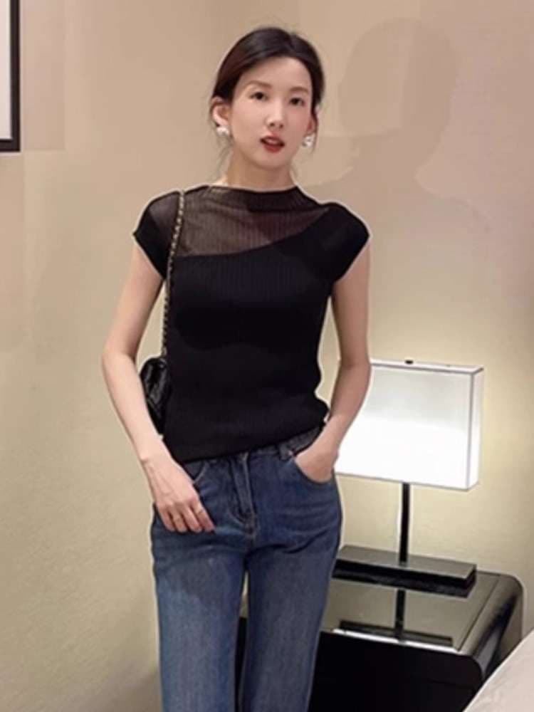 40代ファッション レディース 透け感シースルー切替えカットソー