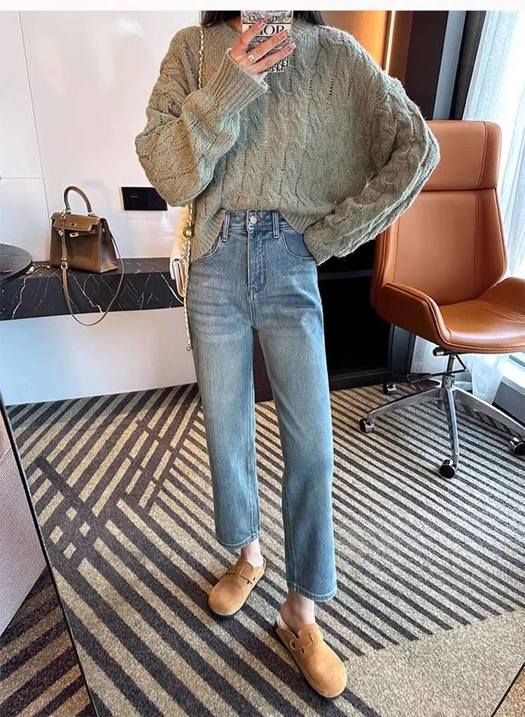 40代ファッション レディース ハイウエストストレートデニムパンツ