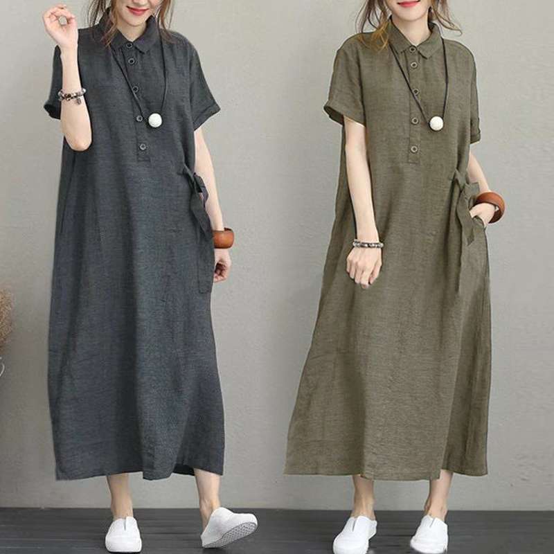 40代ファッション レディース リネン風ゆったりシャツワンピース