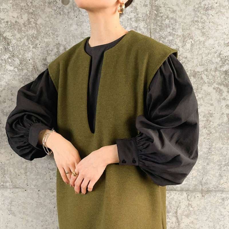 40代ファッション レディース レイヤード風ベスト付きロングワンピース