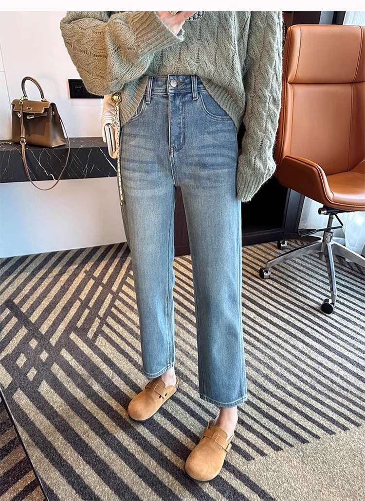 40代ファッション レディース ハイウエストストレートデニムパンツ