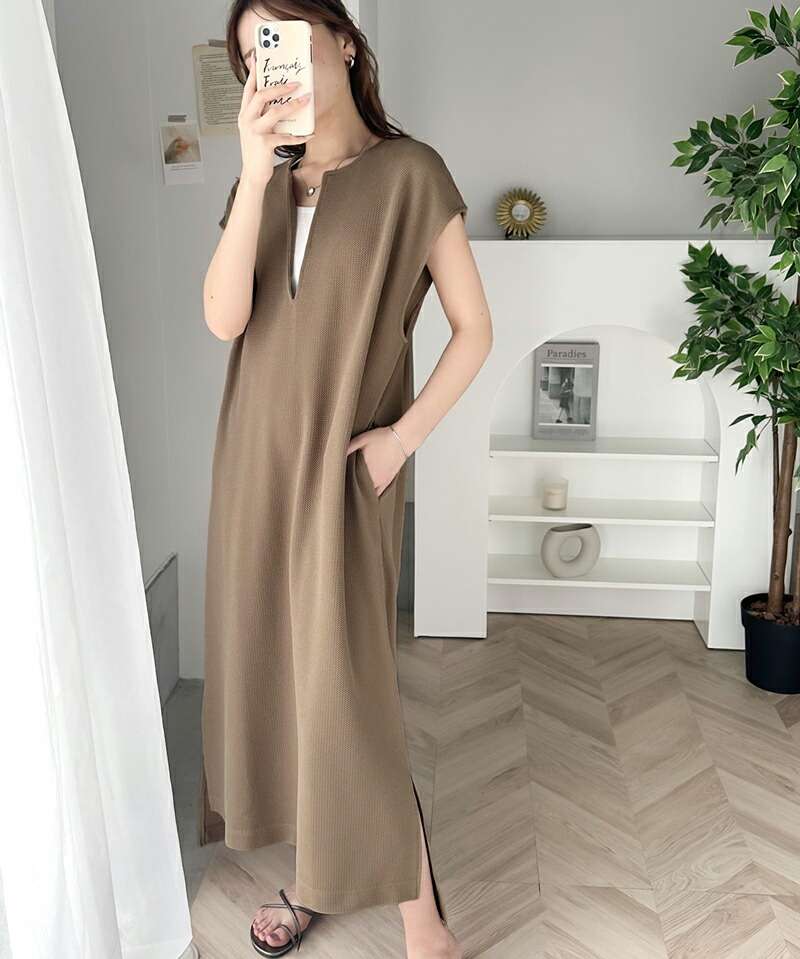 40代ファッション レディース エレガントVネックマキシワンピース