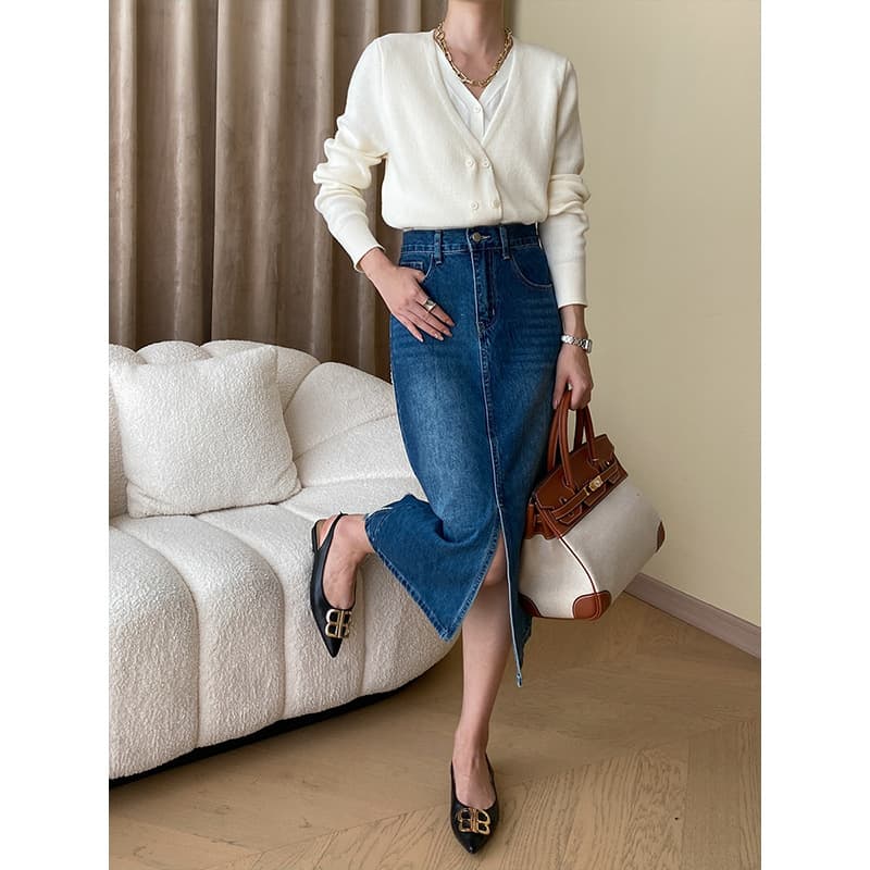 40代レディースファッション フロントスリット入りデニムミモレスカート
