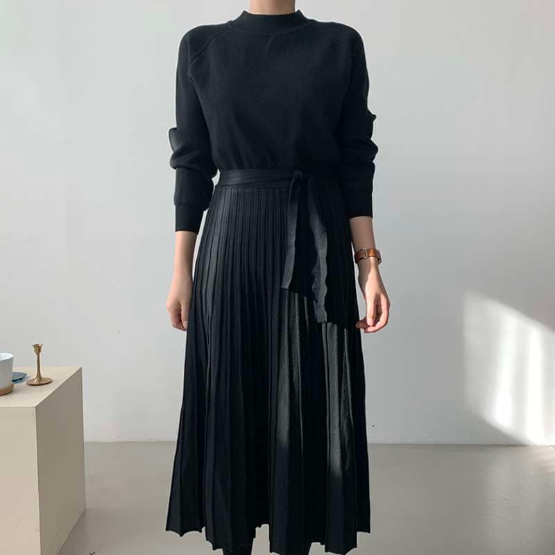 40代ファッション レディース プリーツスカート付き長袖ニットワンピース