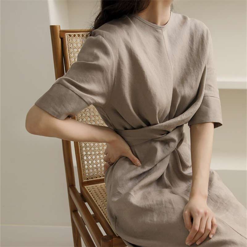 40代ファッション レディース エレガントツイストデザイン リネンワンピース