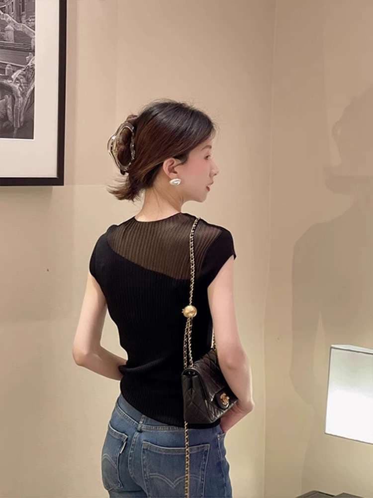 40代ファッション レディース 透け感シースルー切替えカットソー