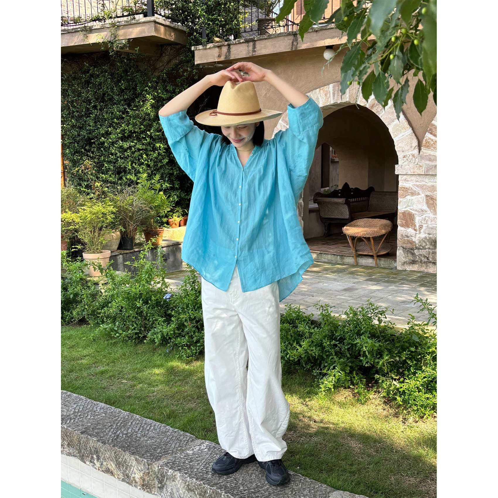 40代ファッション レディース ゆったりリネンシャツブラウス