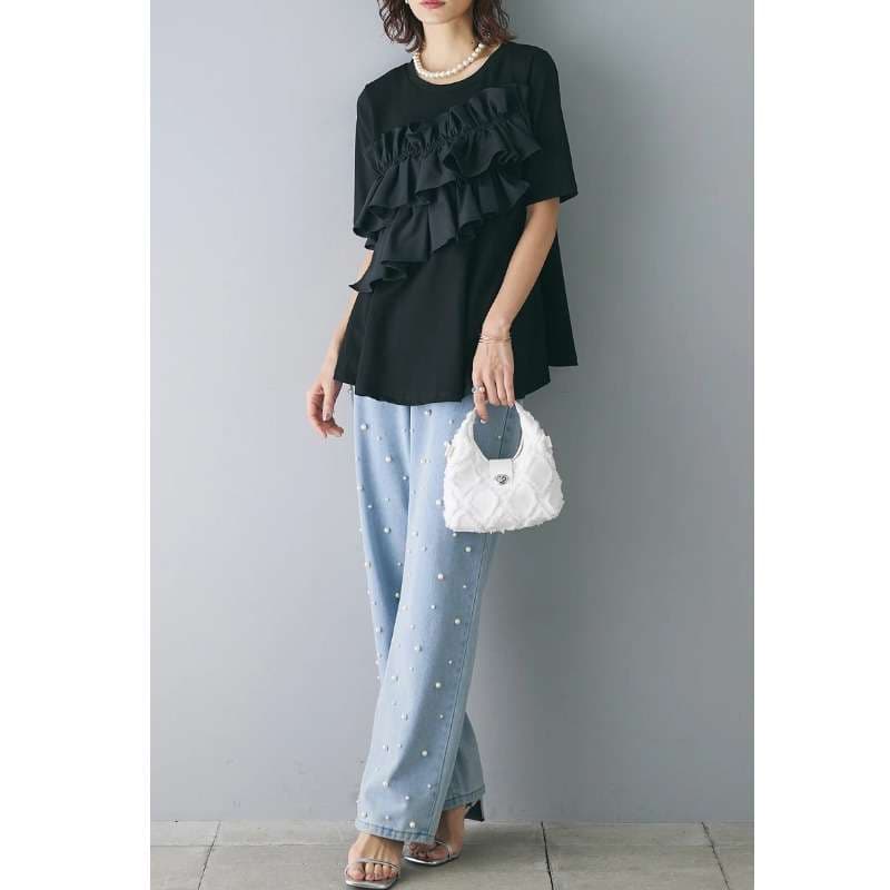 40代ファッション レディース モノトーンフリルデザインTシャツ