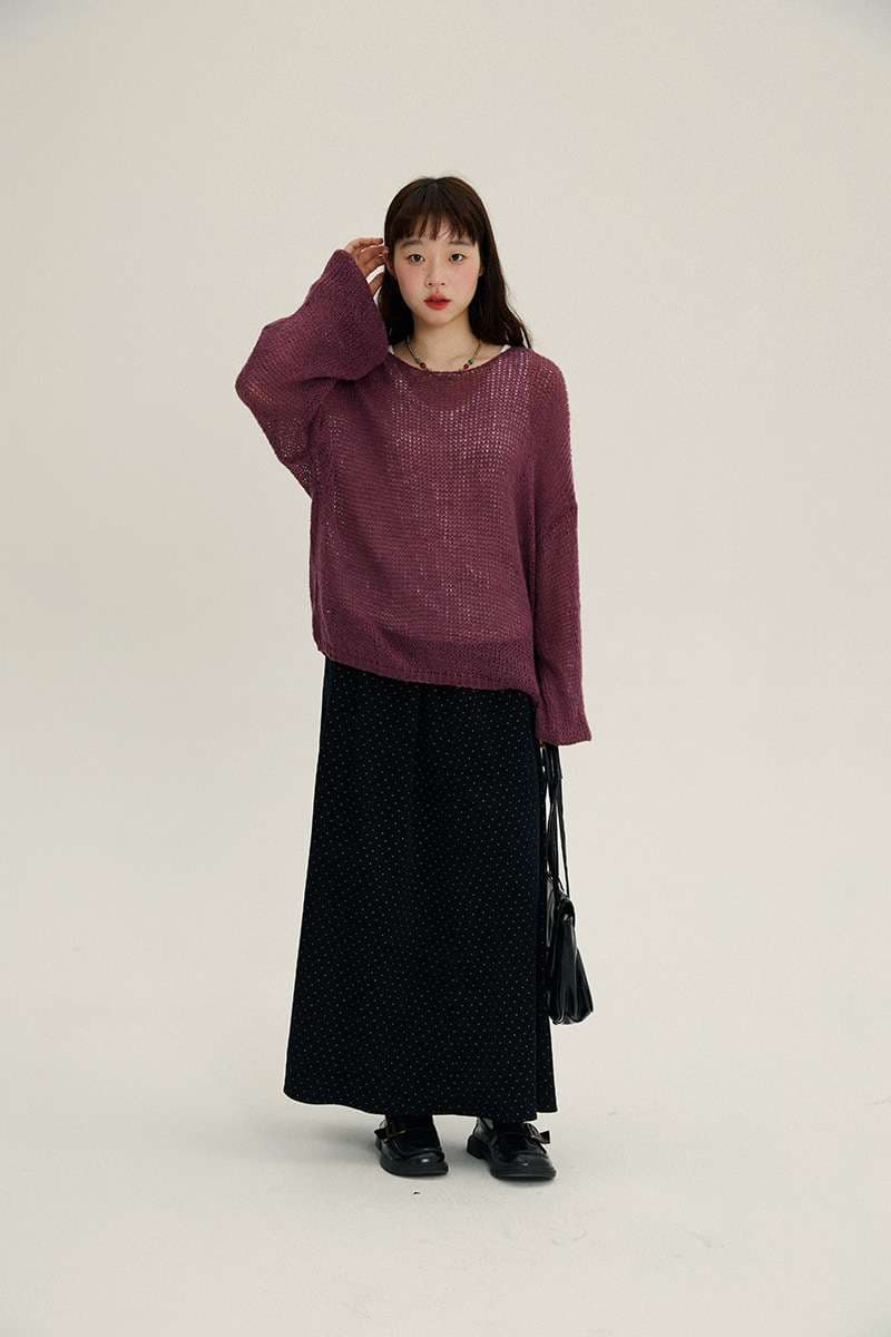 40代ファッション レディース ゆったりシルエットの透かし編みニット