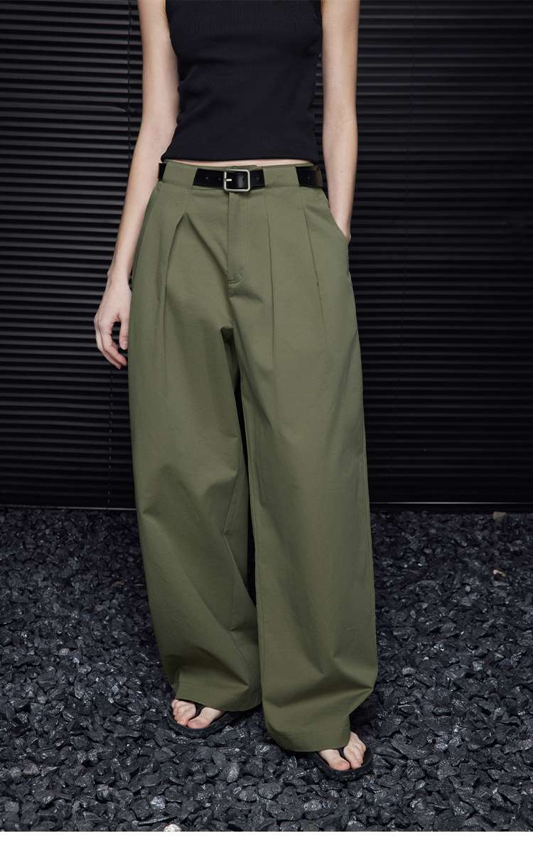 40代ファッション レディース ワイドシルエット ミリタリーグリーン パンツ