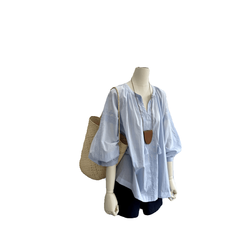 40代ファッション レディース 爽やかボリューム袖フレアブラウス