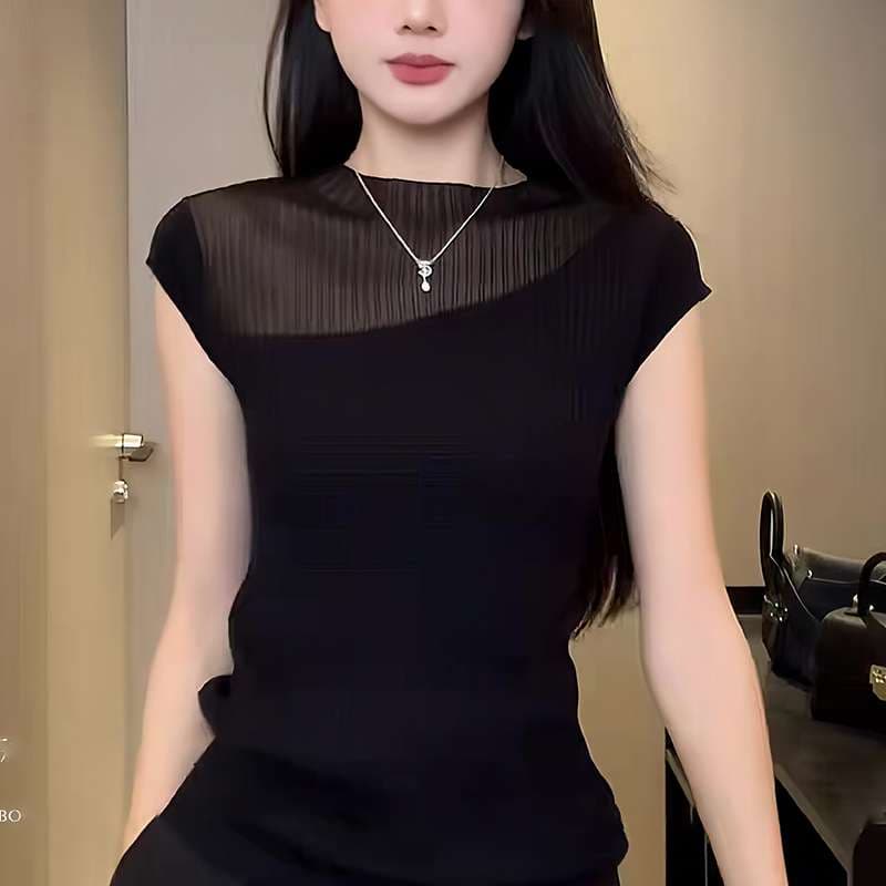 40代ファッション レディース エレガント シースルー切替 半袖カットソー