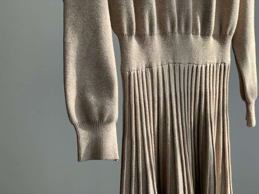 40代ファッション レディース プリーツスカート付き長袖ニットワンピース